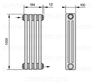 Схема (чертеж) Радиатор Zehnder Charleston 3100/4 №1670 Белый глянцевый RAL 9016